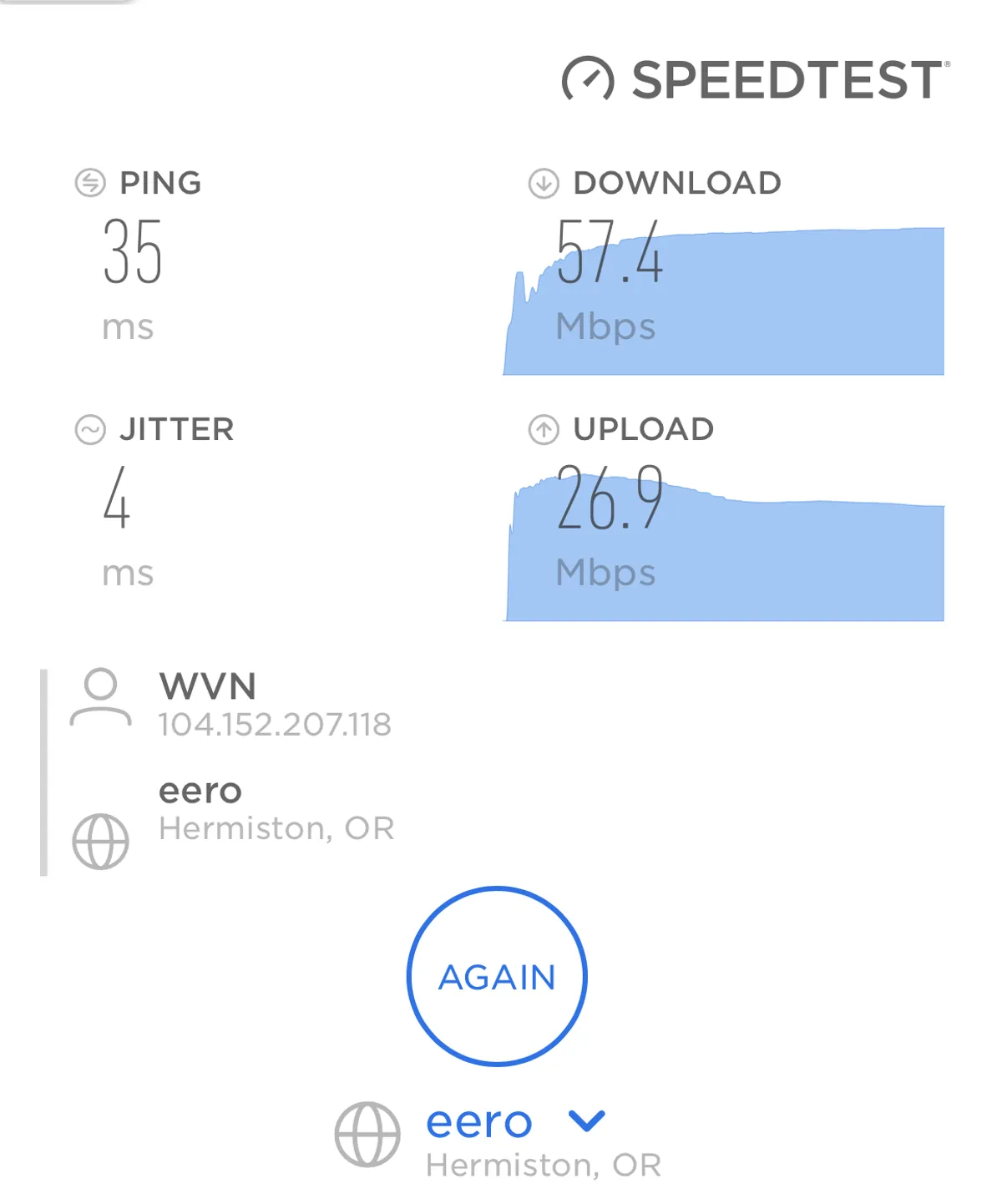 This image features a close-up of an internet speed test being performed on a digital device, displaying real-time connectivity results. The setting appears to be indoors and technology-focused, with no visible outdoor elements or connection to the lake or town surroundings.